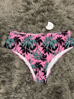 High-Waist Pink Palm Print Bikini Bottoms